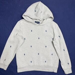 Polo Ralph Lauren Boys Grey Heather All Over Pony Embroidered Hoodie L 14-16